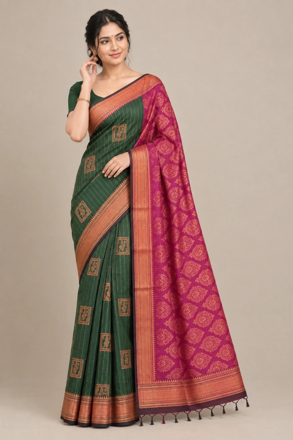 Emerald & Rani Pink Handloom Saree