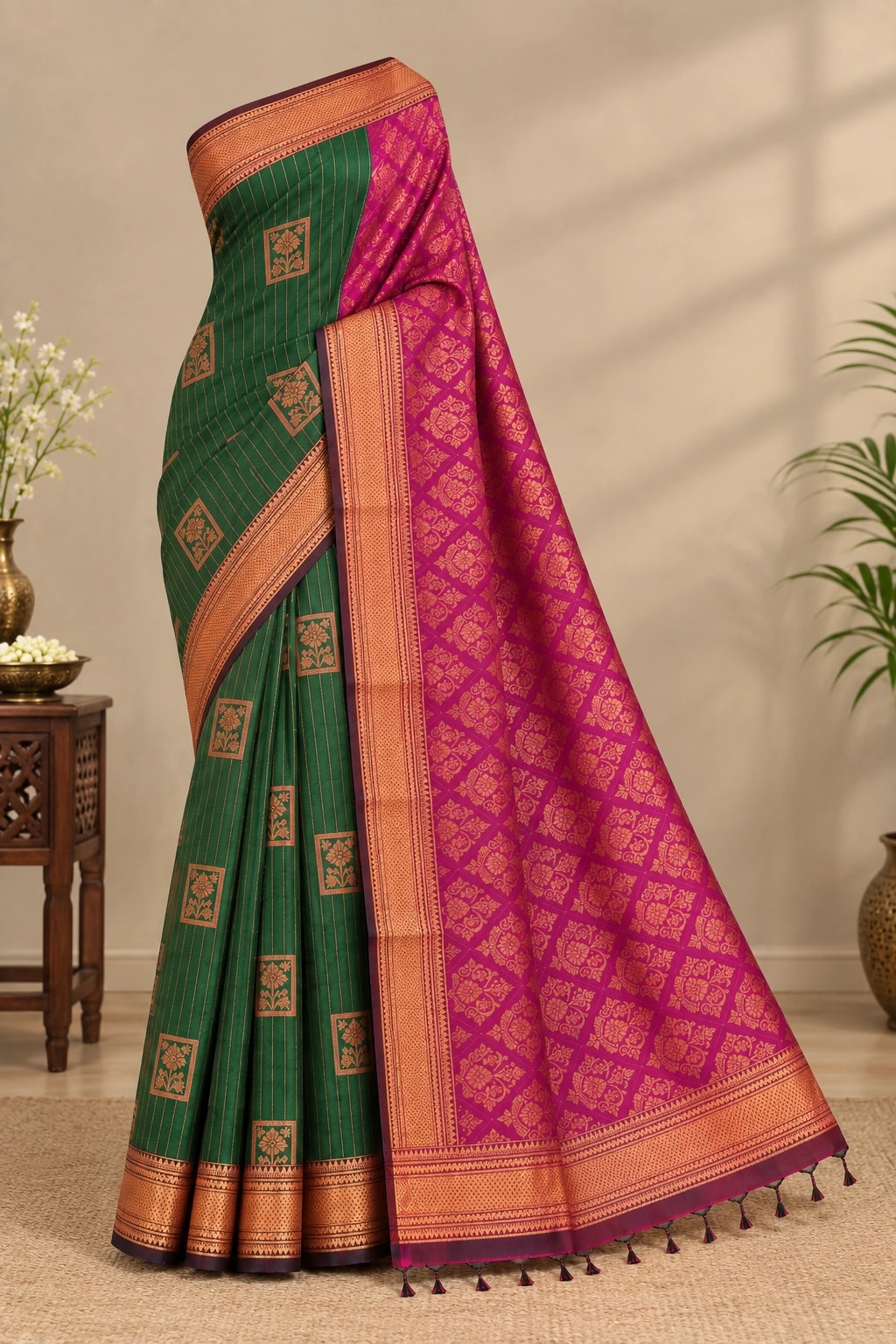 Nesavagam emerald and rani pink handloom saree draped on display